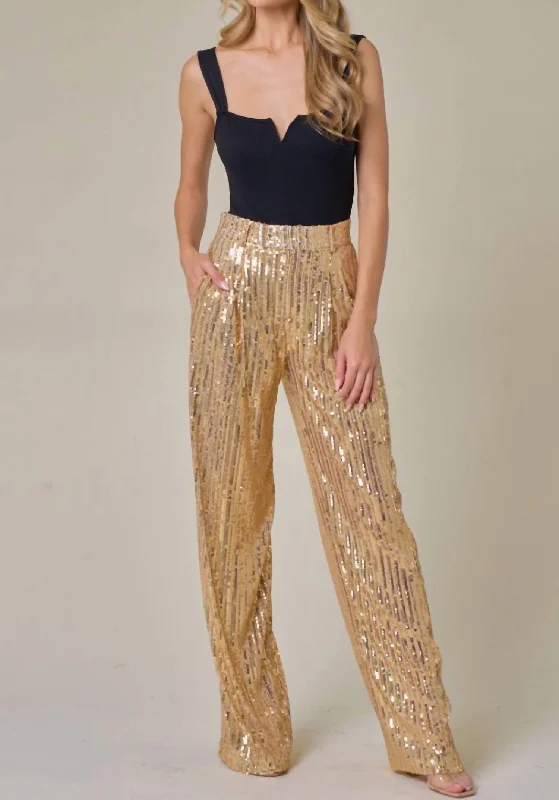 Sequins Wide Leg Pant In Gold Soft Stretch Trousers