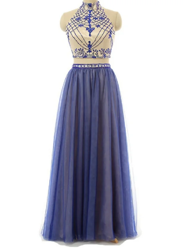 Sexy Two Piece Prom/Evening Dress Royal Blue Tulle Floor-Length Backless Beaded Party Dress Shift Classic Vintage