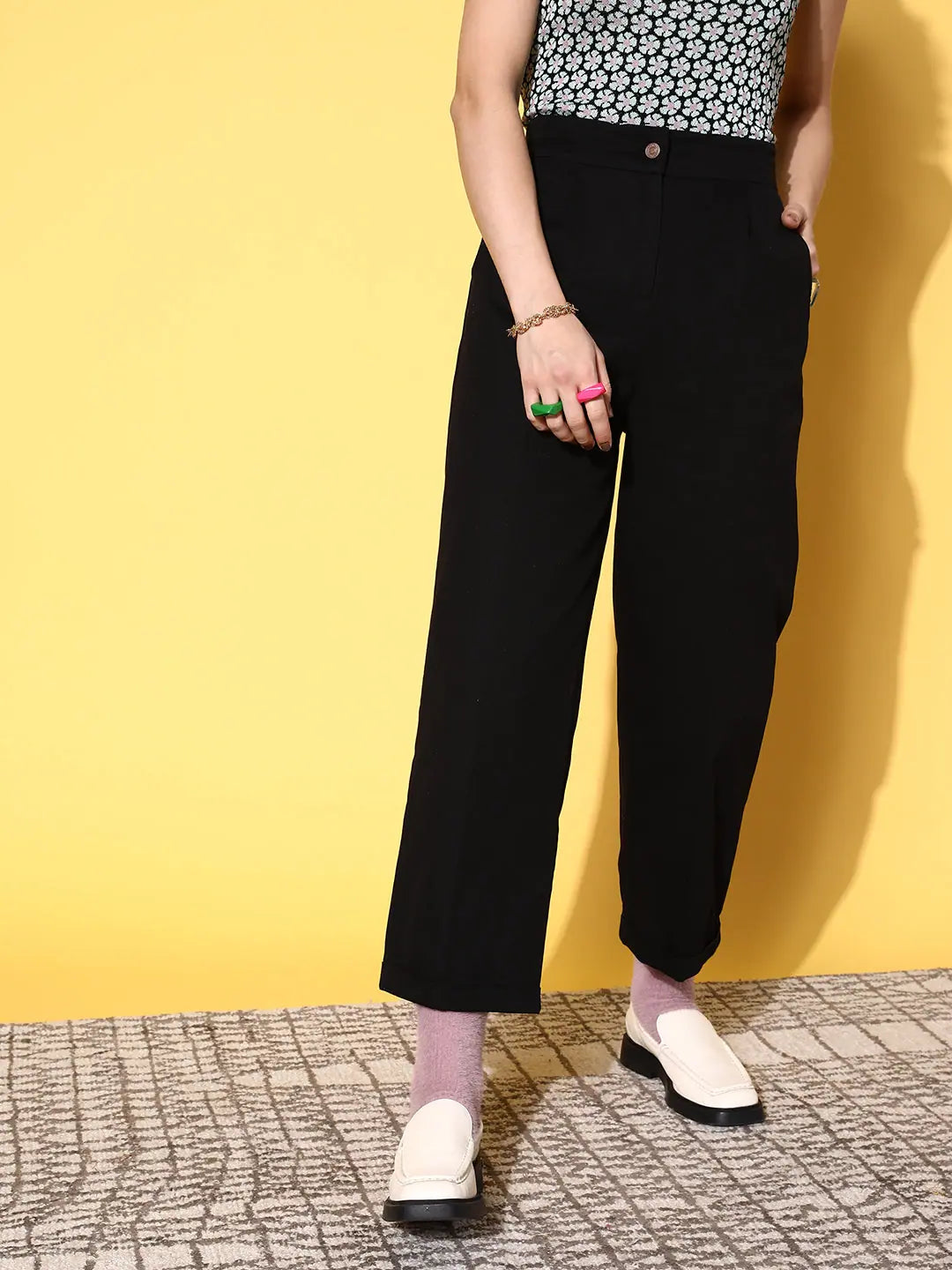 Women Black Twill Wide Leg Pants Casual Drawstring Pants