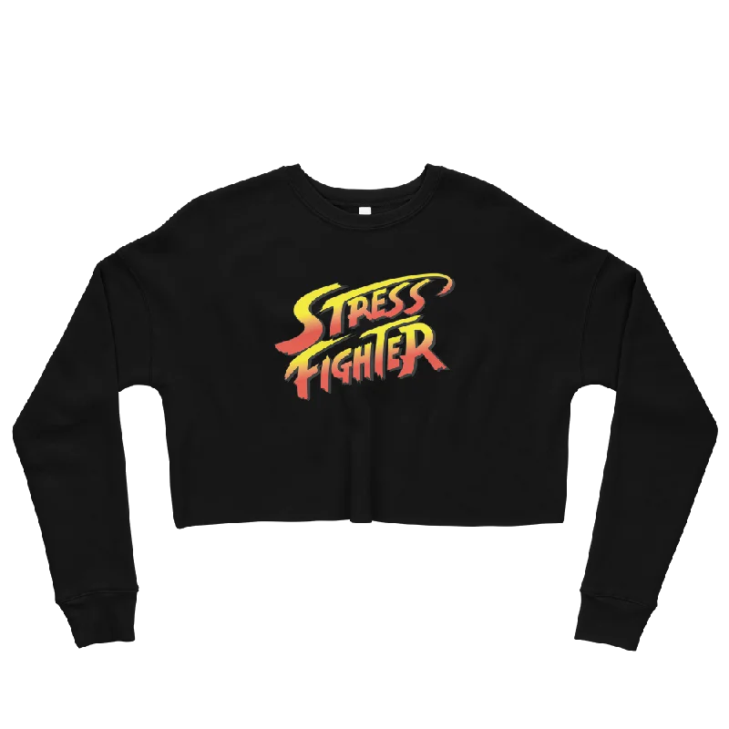 Stress Fighter Graphic Crop Sweatshirt Hoodie with Ribbed Hem Stretchable Secure