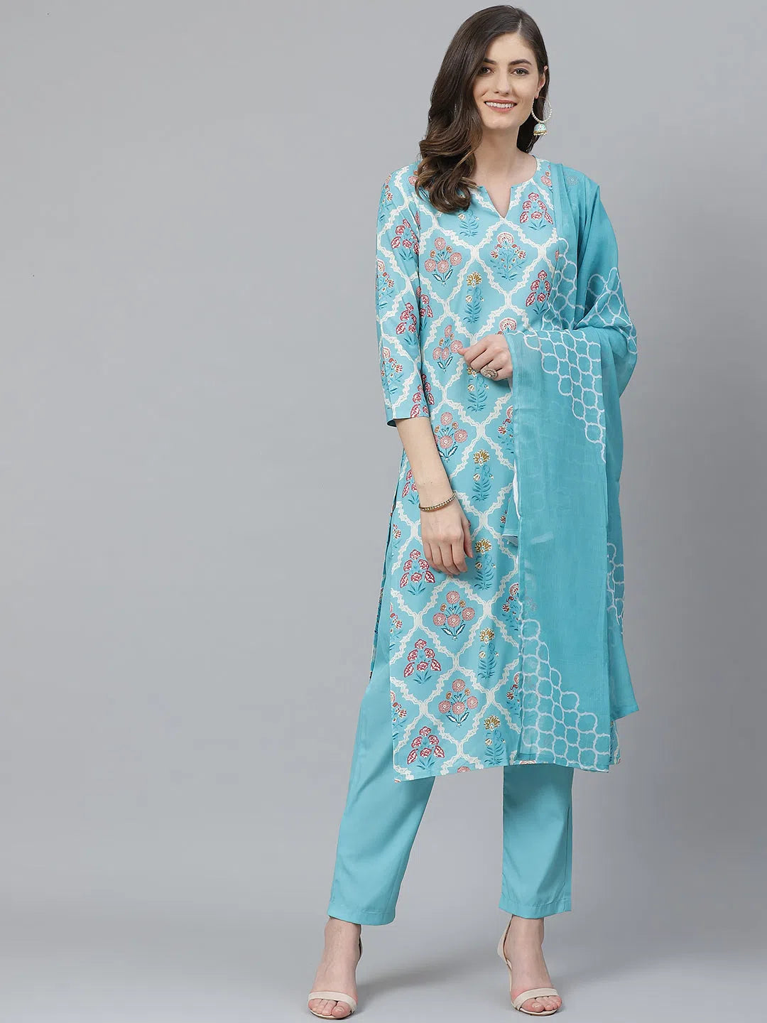 Ahika Women Poly Crepe Turquoise Blue Ethnic Motifs Printed Straight Kurta Pant Elegant Dress Pants
