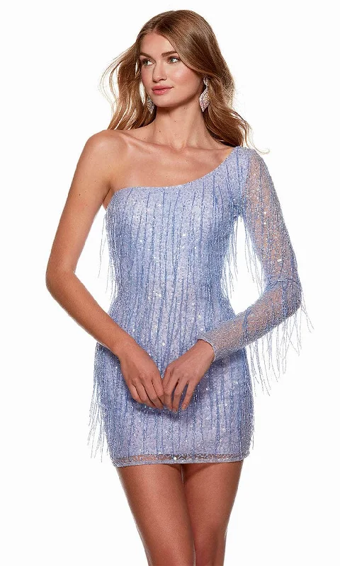 Alyce Paris 4646 - Asymmetric Neck Fringed Party Dress A-Line Day Work
