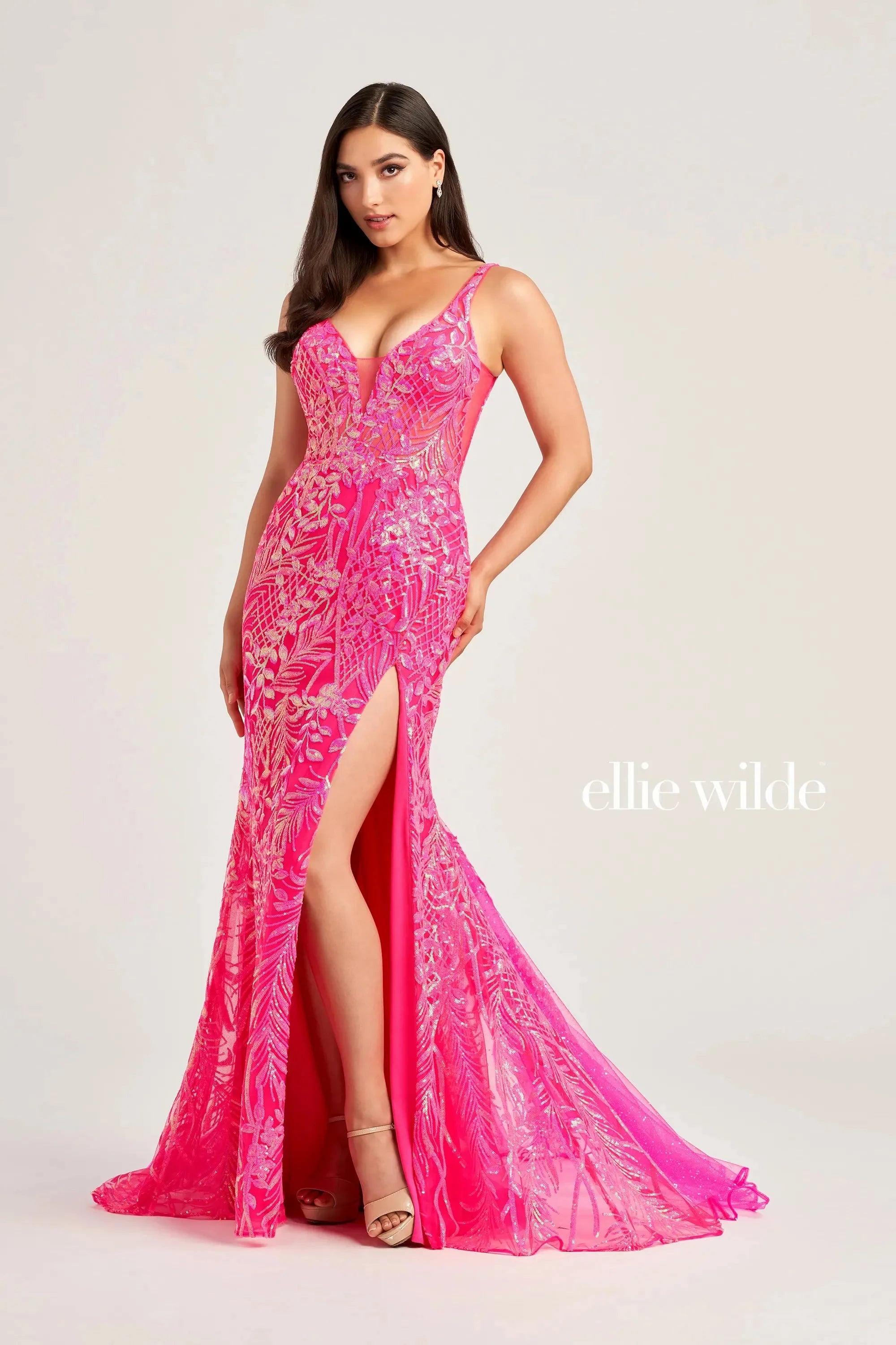 Ellie Wilde EW35201 - Glitter Sweep Train Evening Dress Crew Neckline Sporty