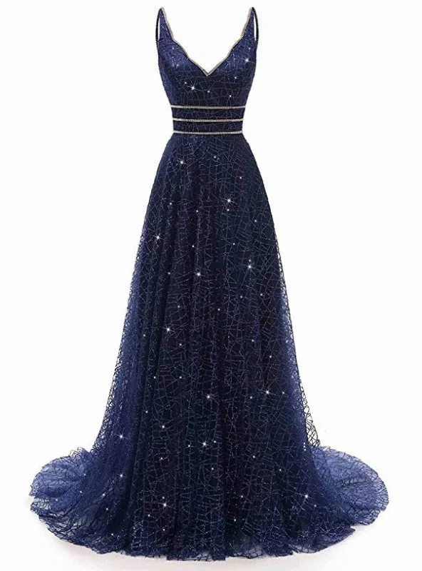 Blue Tulle Sequins Bling Bling V-neck Long Prom Party Dress A-Line Day Work