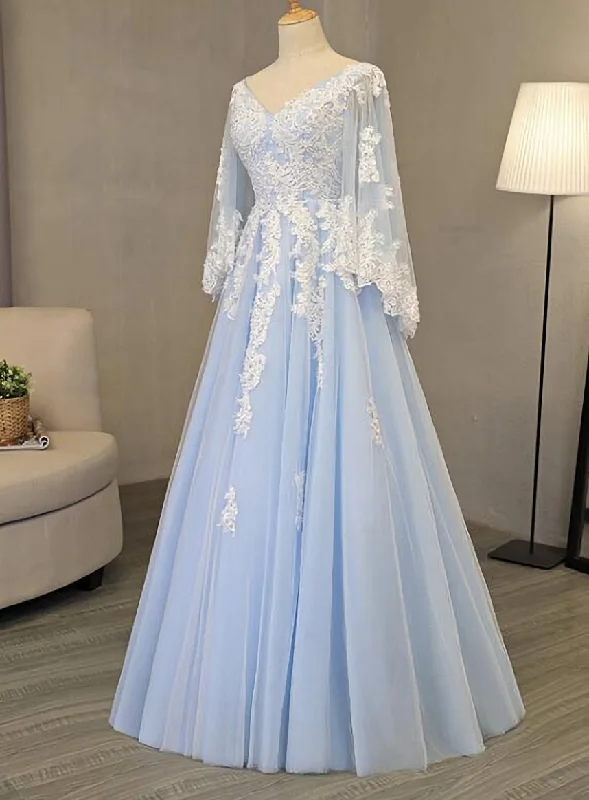 Charming Light Blue Tulle V-neckline Long Party Dress, Prom Dress Halter Neckline Beach