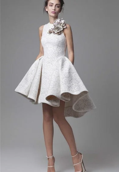 High Low Jewel Neckline A-Line Flower Appliqued Party Dress Tunics Travel practical