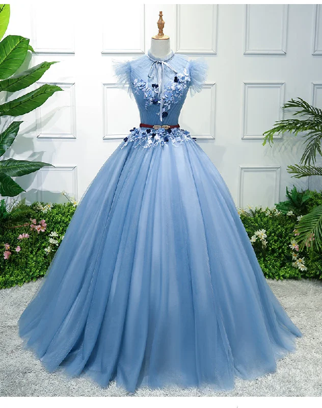 Blue party dress, stage outfit,high neck ball gown, fairy evening dress,high neck quinceanera dress Tunics Luxurious high-end