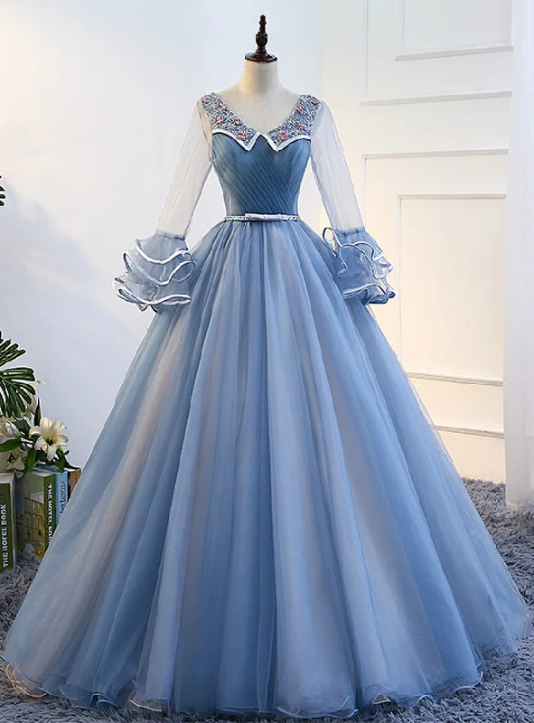 Long-sleeve party dress, blue embroidered dress，Round neck party dress, pleated dress Tunics Fashionable trendy