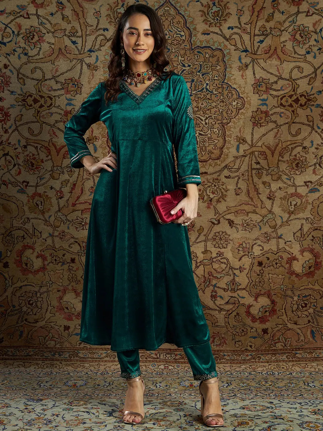 Women Emerald Velvet Kali Kurta with Pants Cozy Maternity Pants