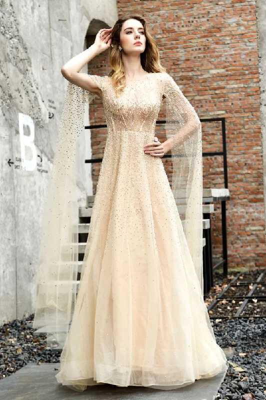 Charming Tulle Floor Length Evening Party Dress Sparkly Beads Prom Dress with Back Cape Tunics Hiking breathable Charming Tulle Floor Length Evening Party Dress Sparkly Beads Prom Dress with Back Cape Tunics Hiking breathable