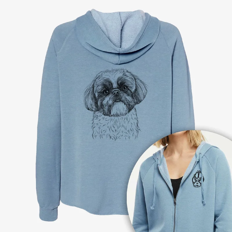 Simon the Shih Tzu - Women's Cali Wave Zip-Up Sweatshirt Hoodie with Embroidery Detailed Premium Simon the Shih Tzu - Women's Cali Wave Zip-Up Sweatshirt Hoodie with Embroidery Detailed Premium