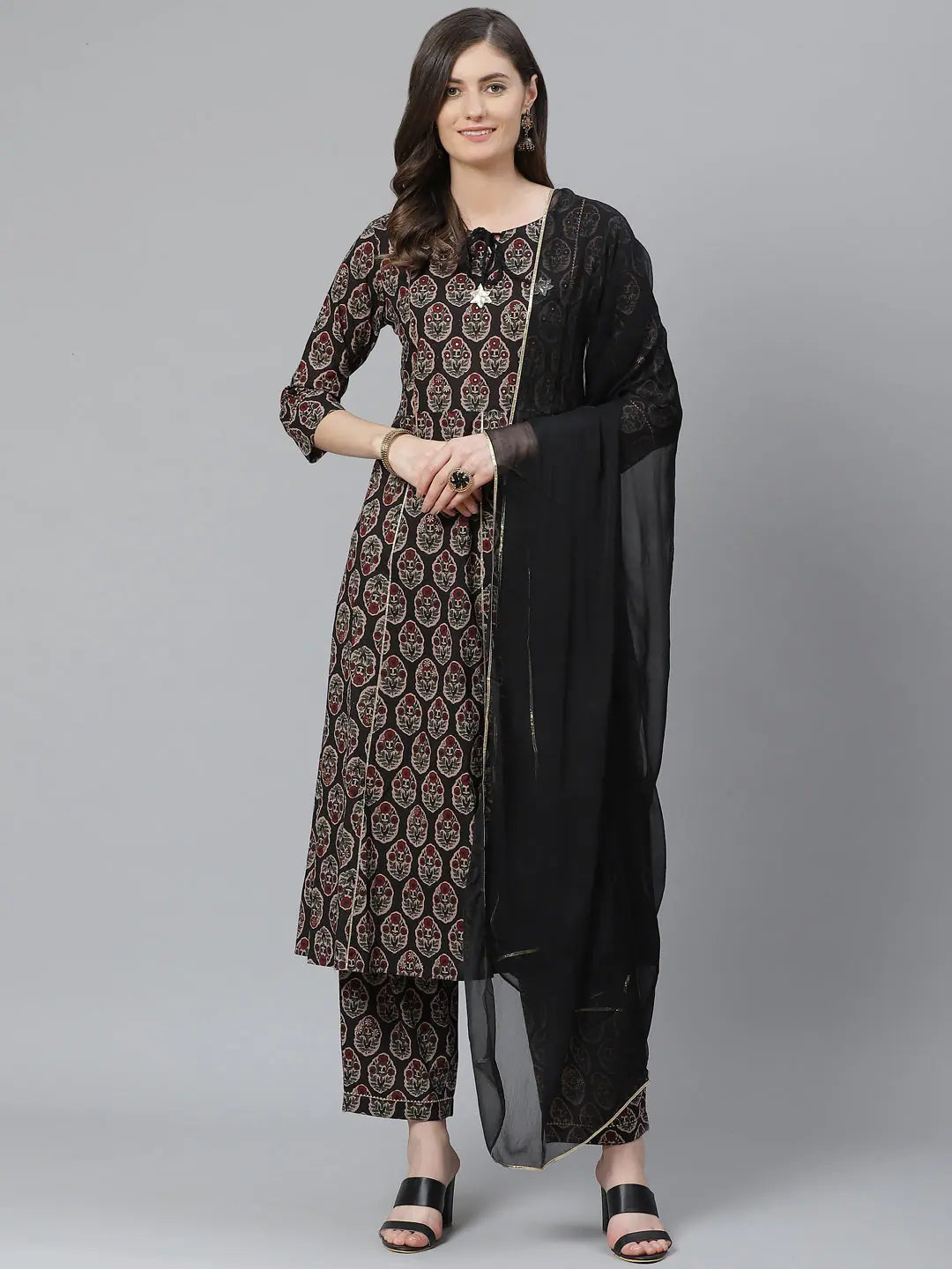 Ahika Women Cotton Black Ethnic Motifs Printed A Line Kurta Pant Dupatta Set Trendy Work Pants Ahika Women Cotton Black Ethnic Motifs Printed A Line Kurta Pant Dupatta Set Trendy Work Pants
