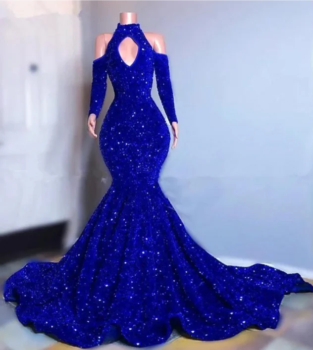 Blue sequin mermaid prom dress, shimmery African women party dresses Tunics Favorite customer