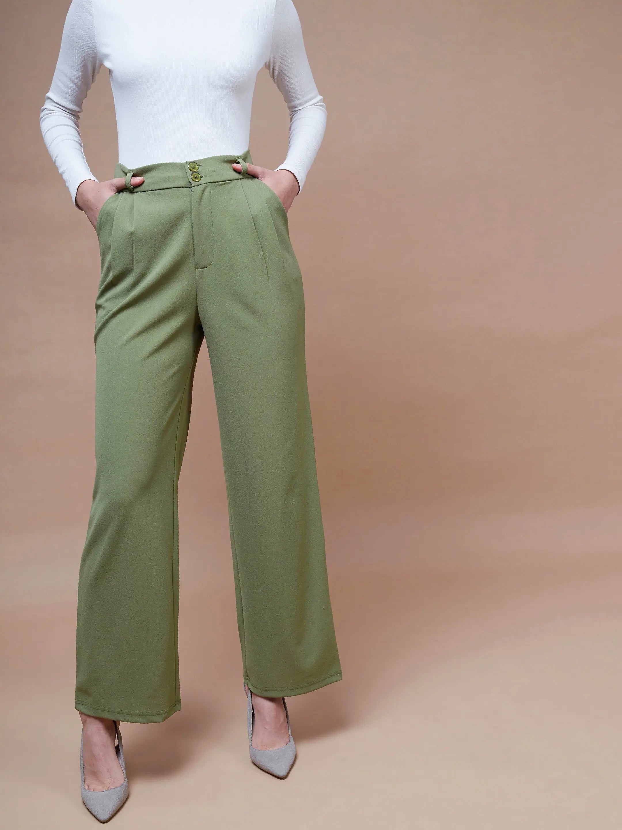 Women Olive Pleated Straight Stretchable Pants Formal Wide-Leg Pants