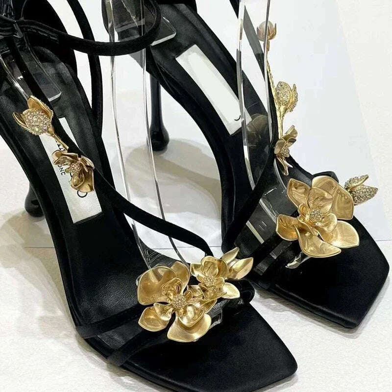 Golden Flowers Women Silk High Heels Luxury Designer Sandal Metallic Flower Square Toe Pointed Fine Heel Party Dress Shoes Pumps Shift Classic Vintage Golden Flowers Women Silk High Heels Luxury Designer Sandal Metallic Flower Square Toe Pointed Fine Heel Party Dress Shoes Pumps Shift Classic Vintage