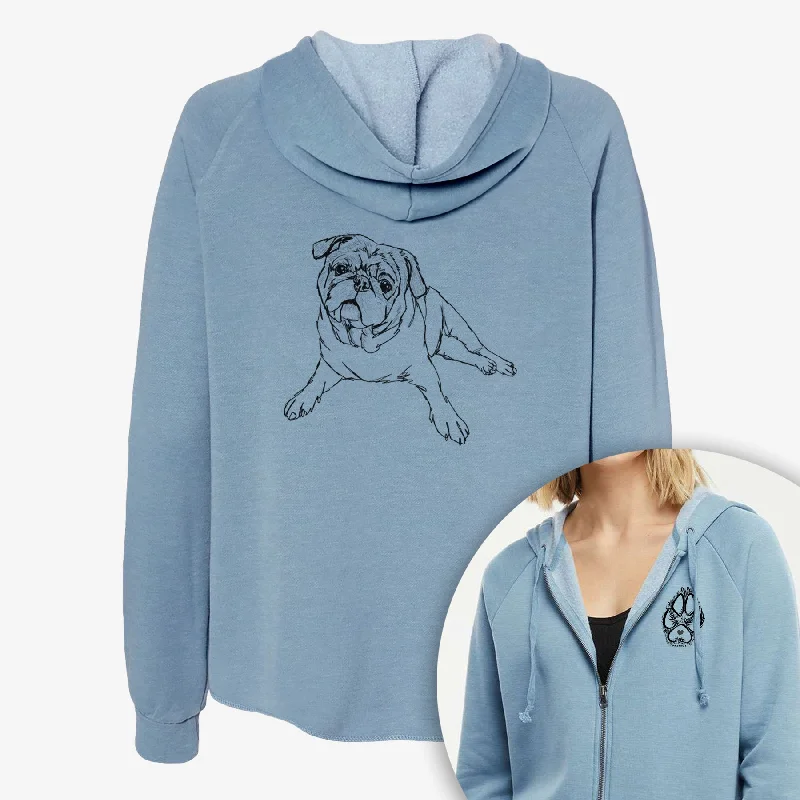 Doodled Benny the Pug - Women's Cali Wave Zip-Up Sweatshirt Hoodie with Full-Zip Functional Layering Doodled Benny the Pug - Women's Cali Wave Zip-Up Sweatshirt Hoodie with Full-Zip Functional Layering