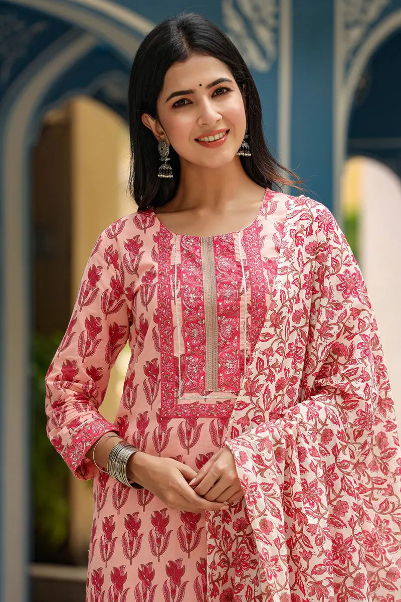 Ahika Women Cotton Pink Floral Printed Straight Kurta Pant Dupatta Set Sleek Black Pants