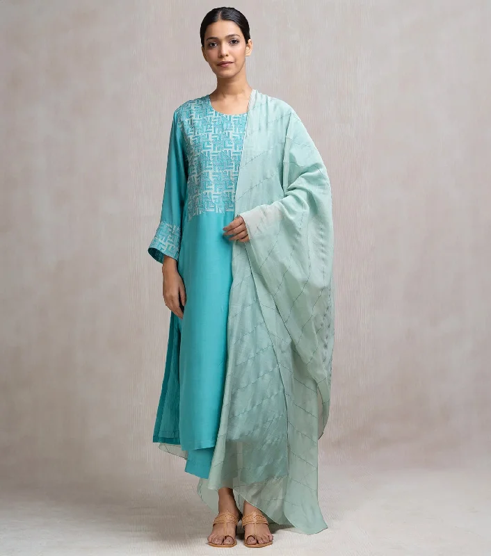 Embroidered Chanderi Kurta Set with Pants & Dupatta Soft Stretch Leggings