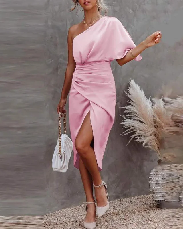ONE SHOULDER BATWING SLEEVE RUCHED PARTY DRESS Tunics Chinos classic