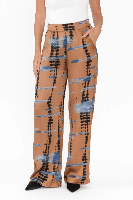 Monay Tan Abstract Silk Blend Pants Modern Bootcut Pants