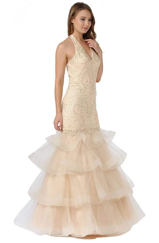 Poly USA 8466 - Embroidered Plunging Halter Dress Tunics Evening elegant