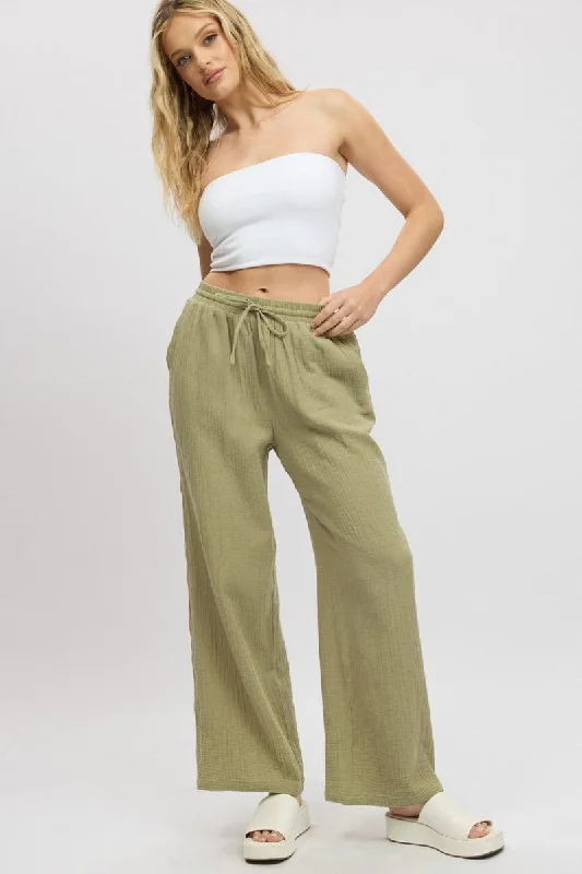 Green Wide Leg Pants Elasticated Waist Chic Black Leggings