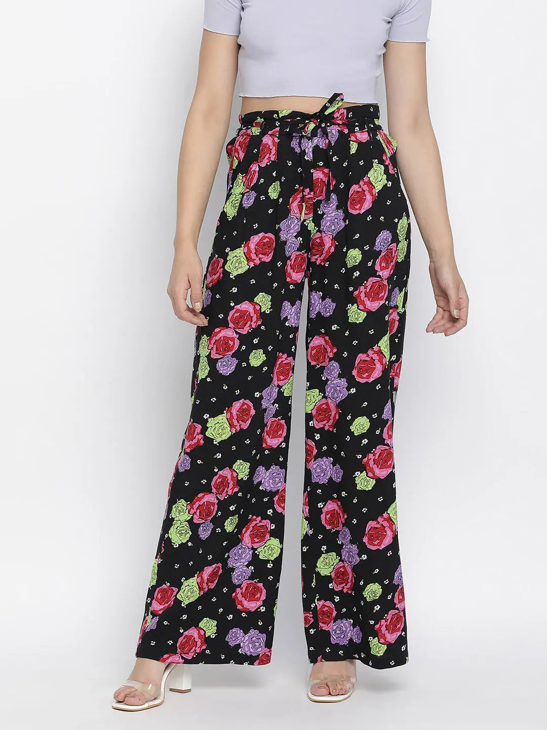 Chic floral print highwaisted women pants Casual Drawstring Pants