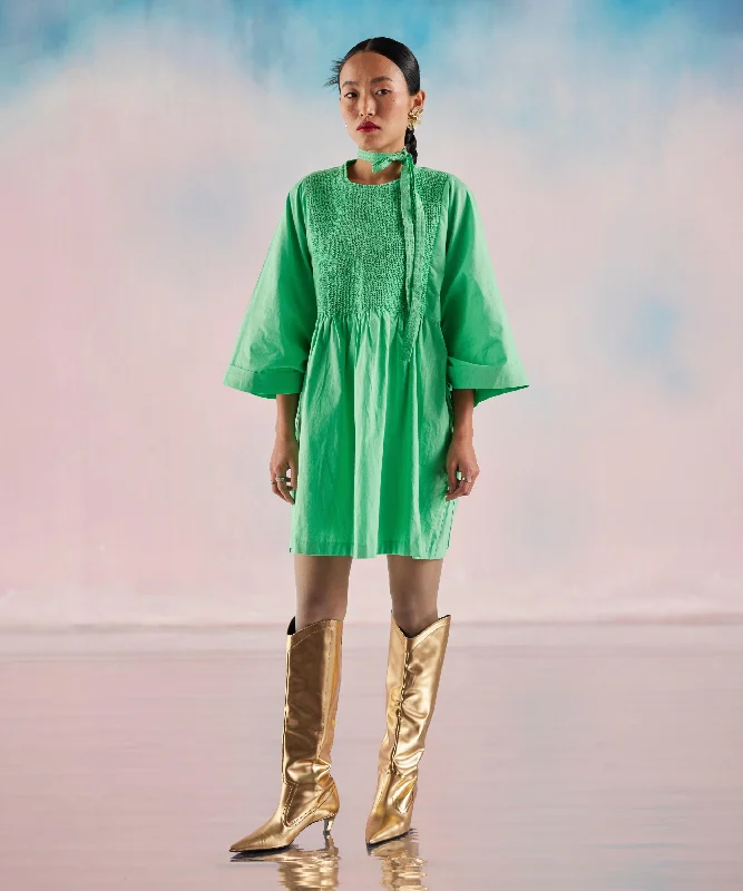 Summer Green Smocked Yoke Poplin Drawstring Sleeve Detail Dress Tunics Occasion special Summer Green Smocked Yoke Poplin Drawstring Sleeve Detail Dress Tunics Occasion special