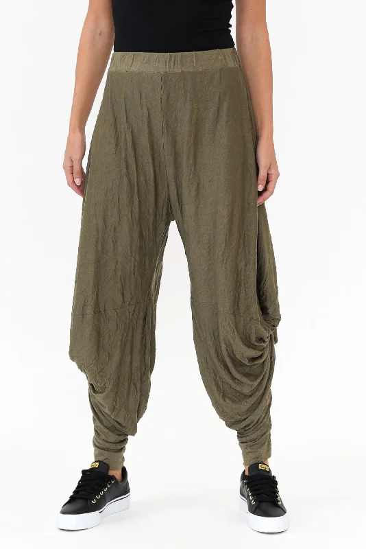 Khaki Crinkle Cotton Cloud Pants Cozy Jogger Leggings