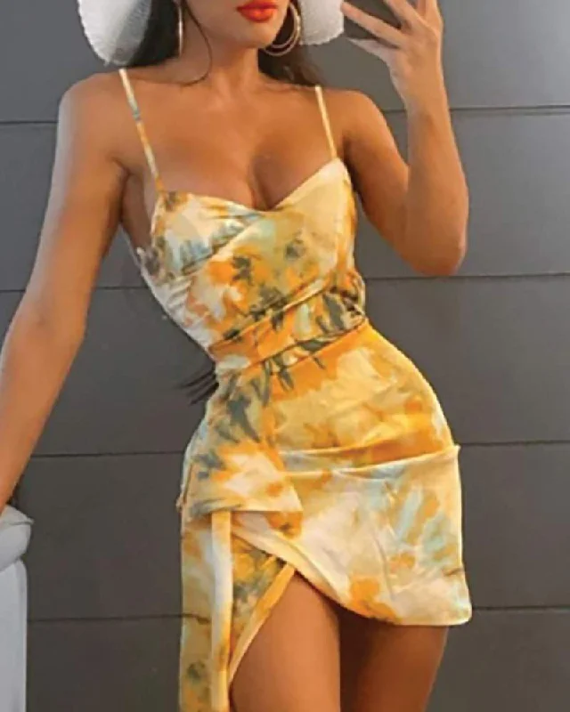 Spaghetti Strap Tie Dye Print Asymmetrical Party Dress Tunics Review highly