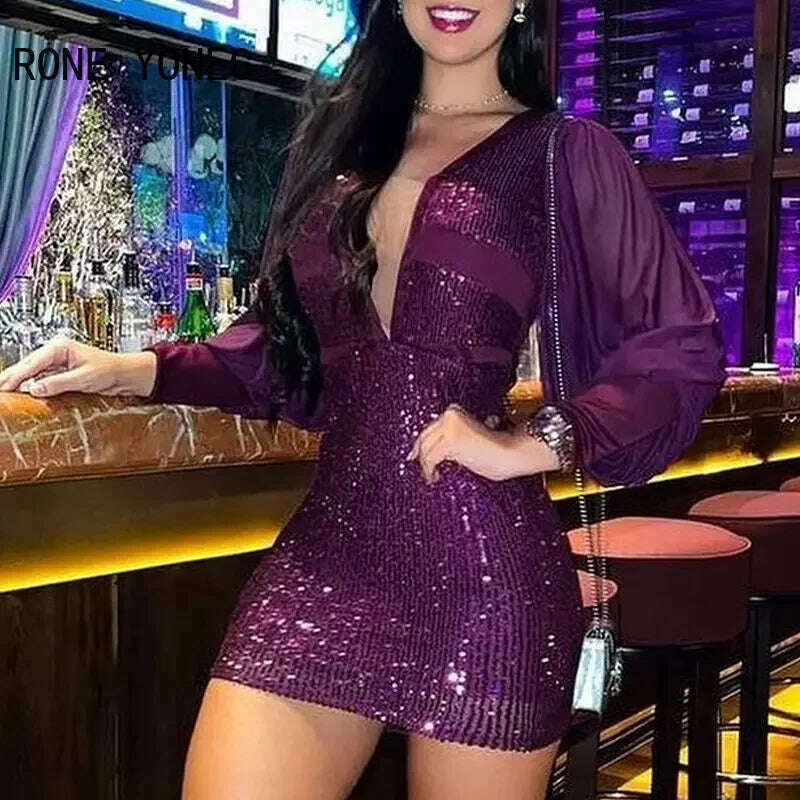Women Chic Solid Sequins Sexy Deep V Neck Long Lantern Sleeves Patchwork Mini Bodycon Party Dresses Tunics Lace romantic Women Chic Solid Sequins Sexy Deep V Neck Long Lantern Sleeves Patchwork Mini Bodycon Party Dresses Tunics Lace romantic