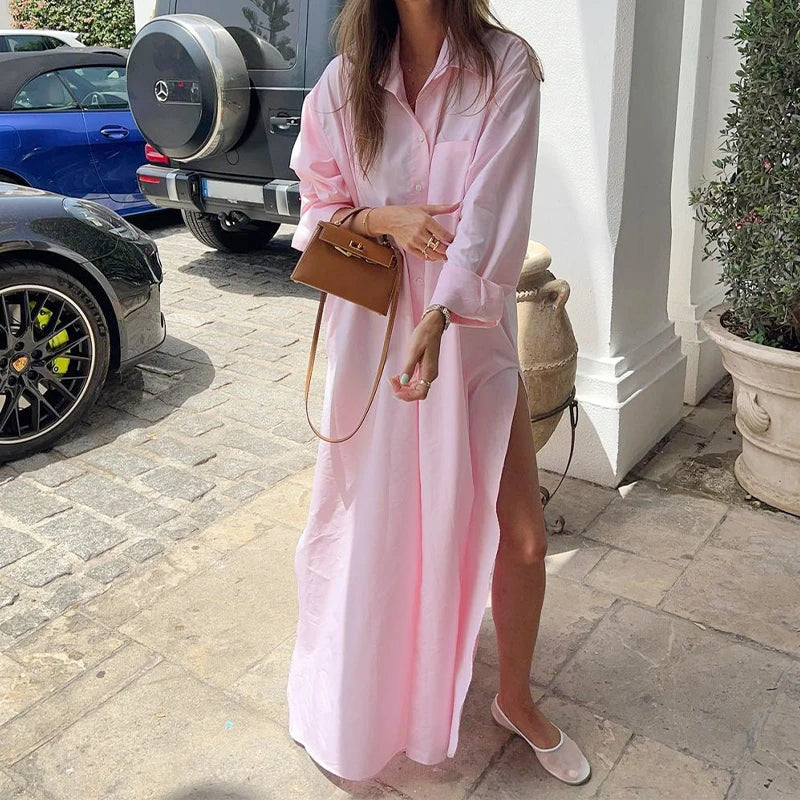 Advbridge - Elegant Lapel Collar Button Loose Long Dress Fashion Basic Cotton Split Party Dress Women Casual Long Sleeve Solid Shirts Dress Tunics Spring floral Advbridge - Elegant Lapel Collar Button Loose Long Dress Fashion Basic Cotton Split Party Dress Women Casual Long Sleeve Solid Shirts Dress Tunics Spring floral