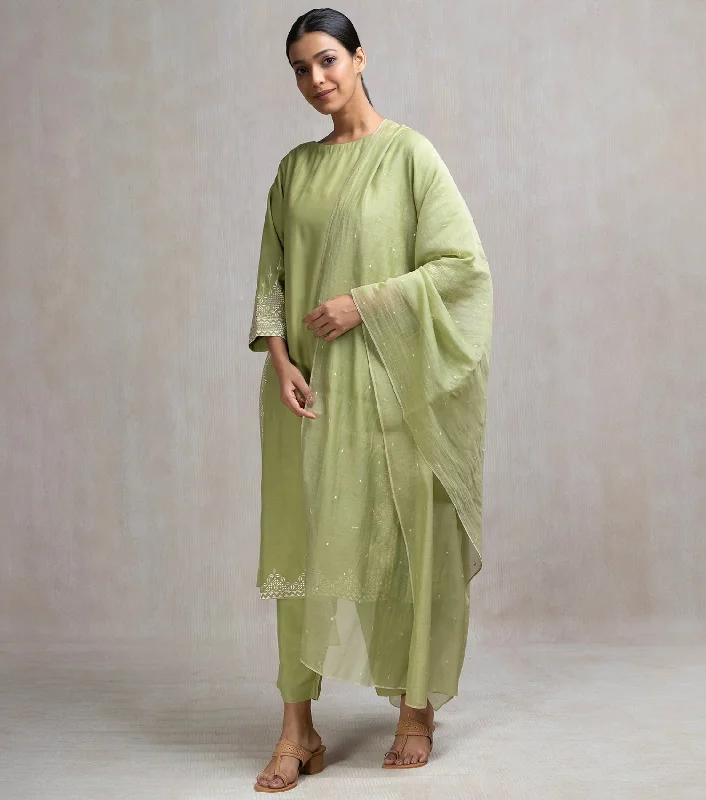 Thread Embroidered Muslin Kurta Set with Pants & Dupatta Soft Sweatpants Style