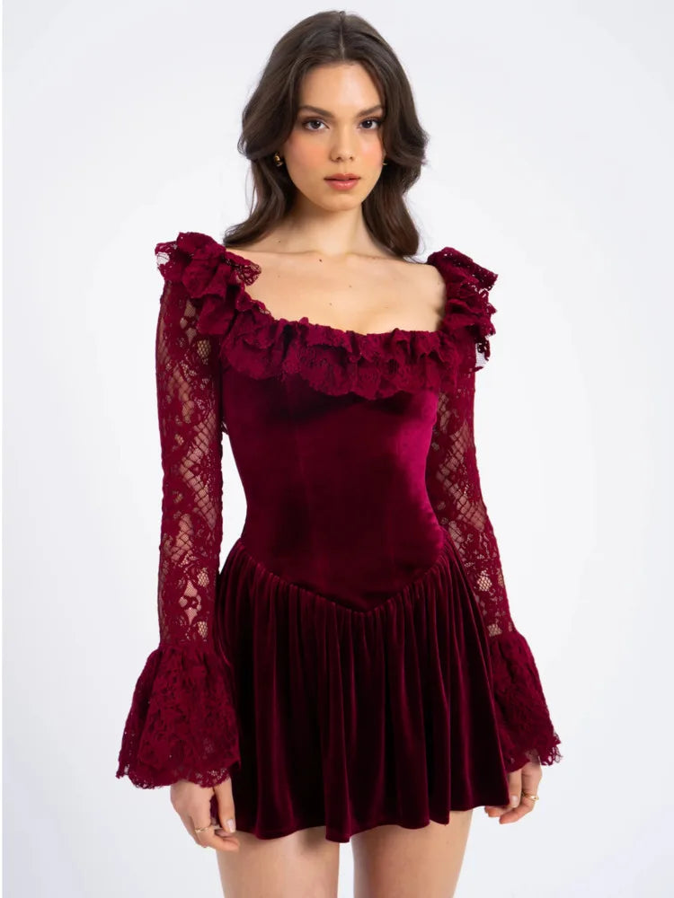Advbridge Lace Flare Long Sleeve Sexy Mini Dress For Women Elegant Burgundy Lace-up Square Collar Backless Club Party Dress Tunics Designer luxury Advbridge Lace Flare Long Sleeve Sexy Mini Dress For Women Elegant Burgundy Lace-up Square Collar Backless Club Party Dress Tunics Designer luxury