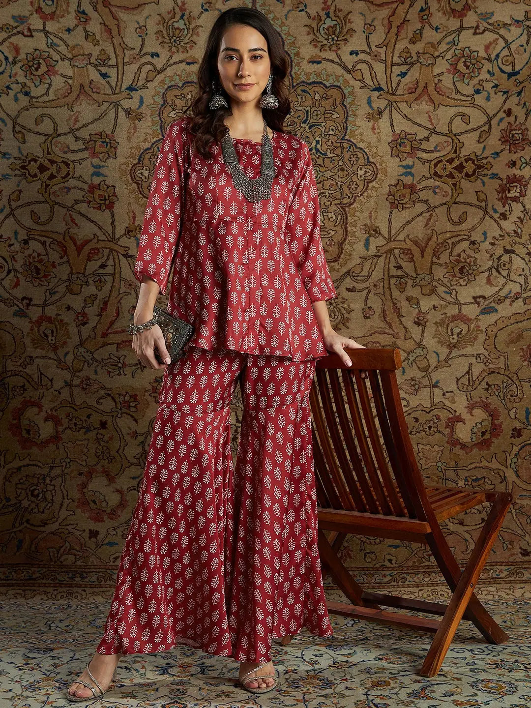 Women Red Satin Floral Peplum Top With Palazzo Pants Comfy Zip-Up Pants