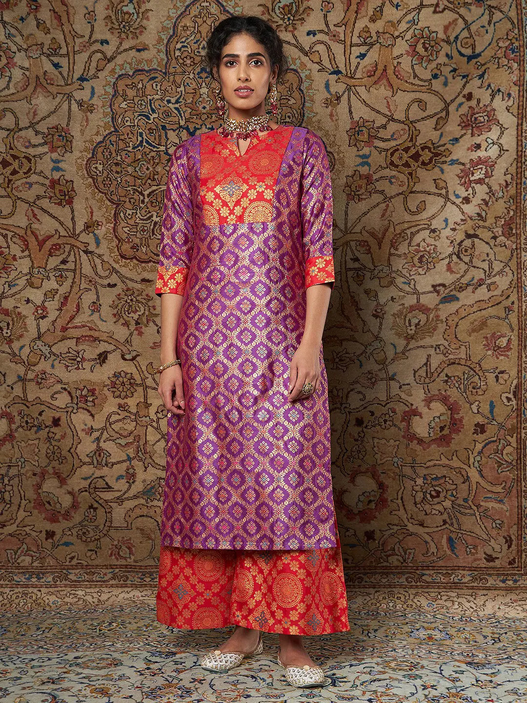 Women Purple & Red Brocade Yoke Kurta With Brocade Pants Elegant High-Waist Pants