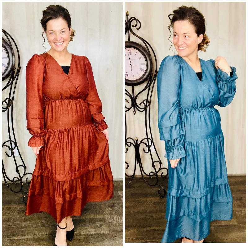 Jacey Bubble Ruffle Sleeve Dress- Dusty Blue or Terracotta Tunics Long Elegant