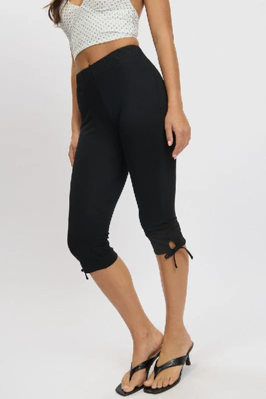 Black Capri Pants Side Ribbon Relaxed Lounge Trousers