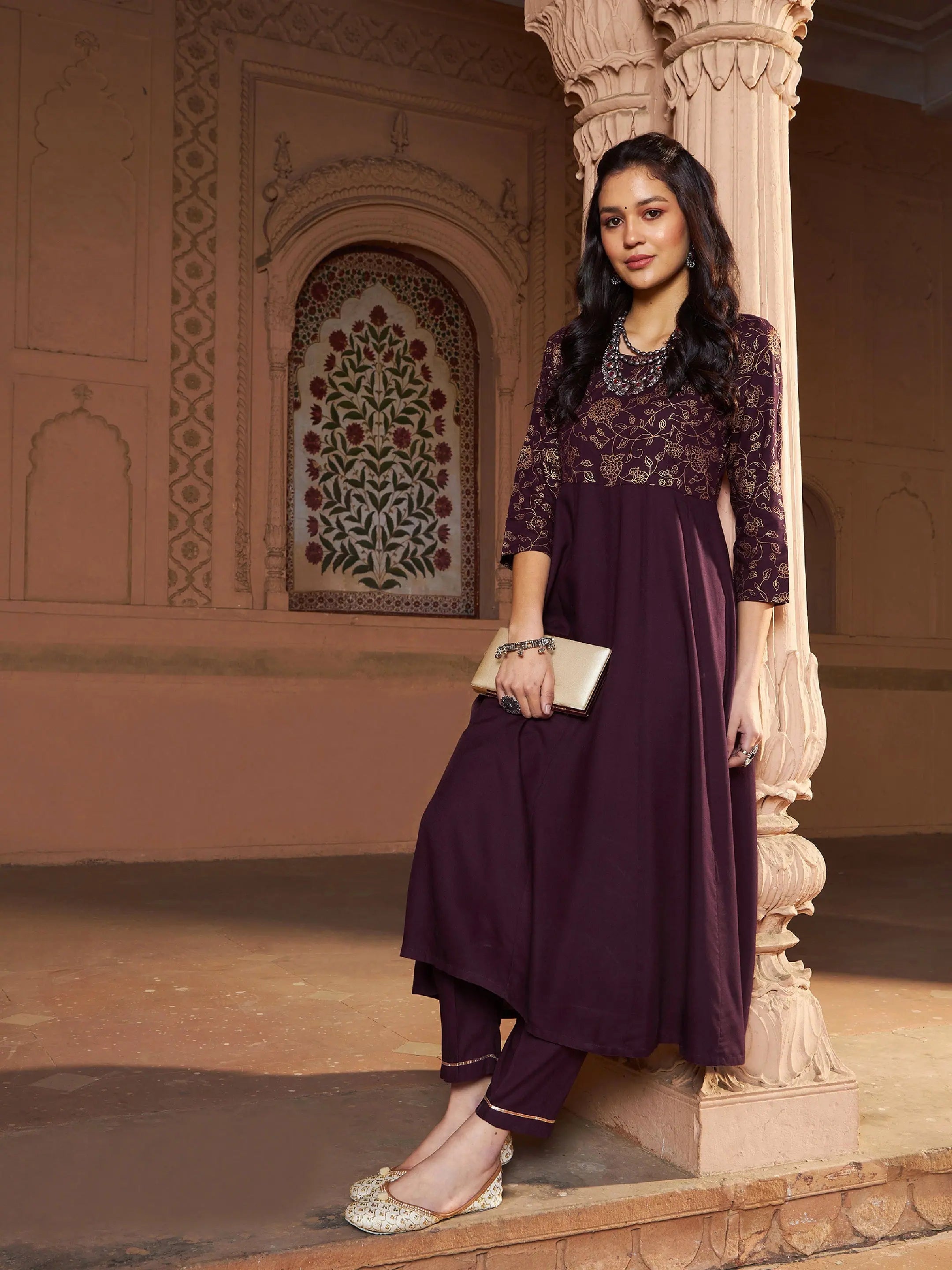 Women Burgundy Floral Bodice Foil Anarkali Kurta With Pants Fashionable Button-Up Pants