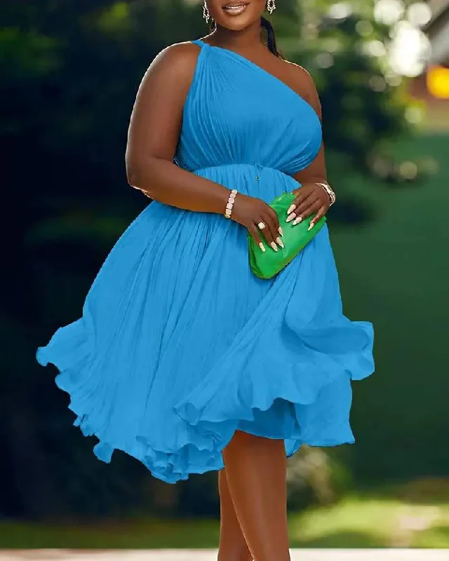 ONE SHOULDER PLEATED PARTY DRESS Crew Neckline Casual