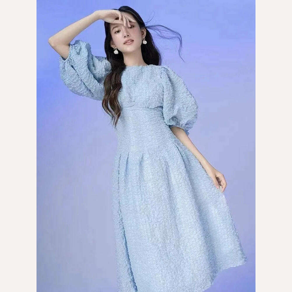 DEAT Elegant Dress O-neck Puff Sleeve Hollow Out Lace-up Pleated Women's Evening Party Dresses 2024 Spring New Fashion 35Z198 Tunics Solid Classic DEAT Elegant Dress O-neck Puff Sleeve Hollow Out Lace-up Pleated Women's Evening Party Dresses 2024 Spring New Fashion 35Z198 Tunics Solid Classic