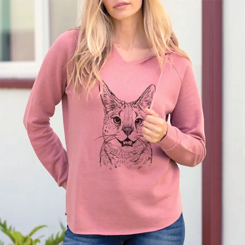 Bare Lucky the Serval Cat - Cali Wave Hooded Sweatshirt Hoodie with Hem Fringe Bohemian Relaxed Bare Lucky the Serval Cat - Cali Wave Hooded Sweatshirt Hoodie with Hem Fringe Bohemian Relaxed