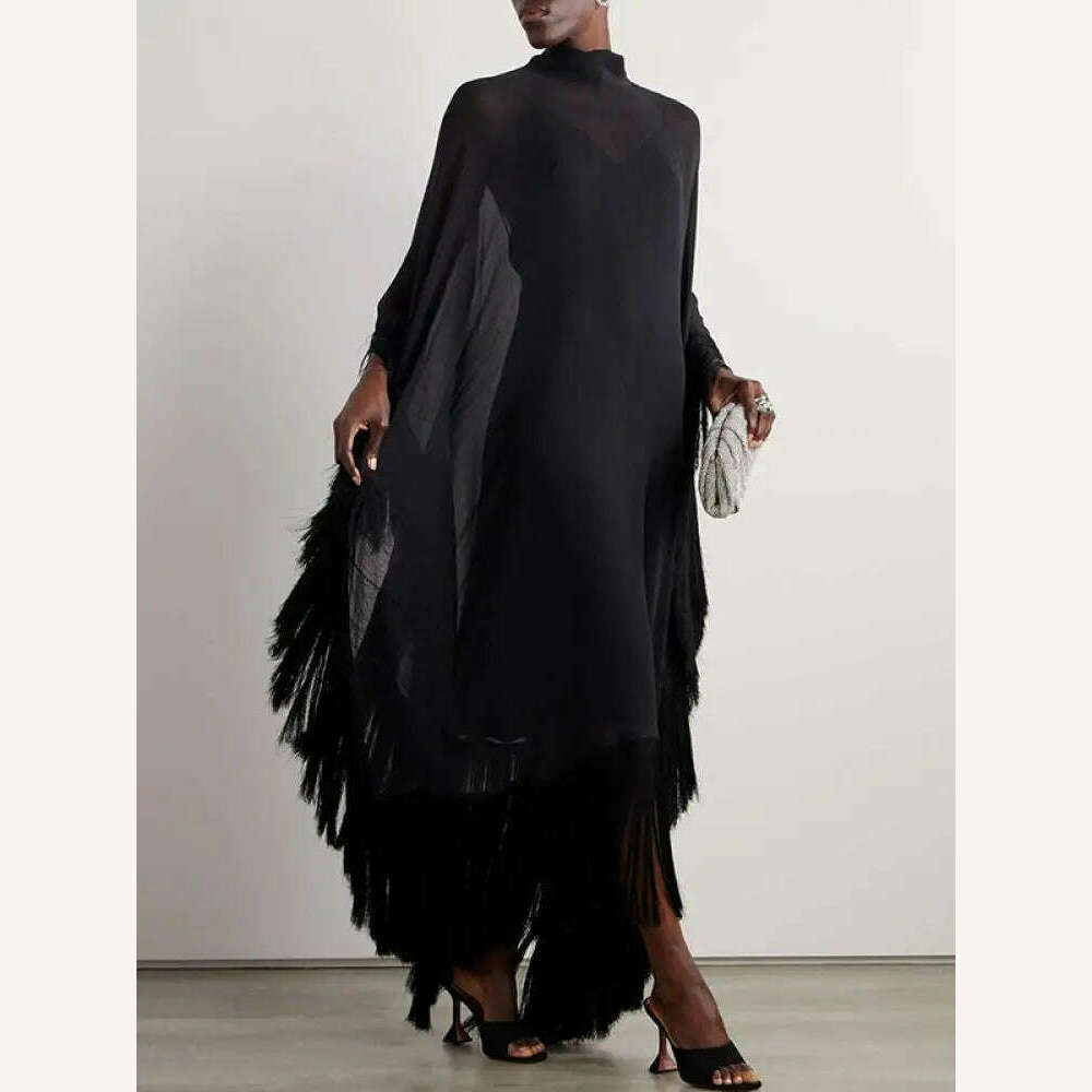 Yeezzi 2024 New Spring Fashion See-Through Tassel Party Dresses Women Batwing Sleeves Solid Color High-Neck Two Piece Set Dress Satin Halter Glamorous Yeezzi 2024 New Spring Fashion See-Through Tassel Party Dresses Women Batwing Sleeves Solid Color High-Neck Two Piece Set Dress Satin Halter Glamorous