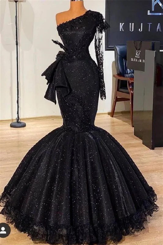 Stunning Black Glitter Mermaid Prom Dress Long Sleeves with Floral Lace Slim Party Dress Tunics Top Casual Stunning Black Glitter Mermaid Prom Dress Long Sleeves with Floral Lace Slim Party Dress Tunics Top Casual