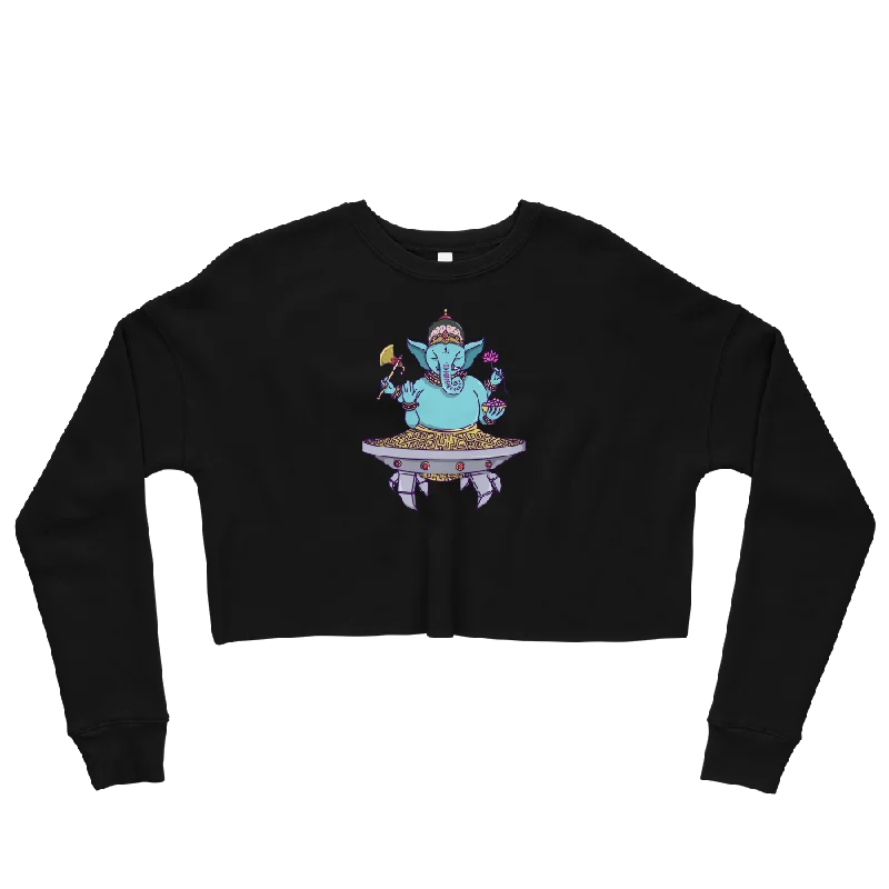 Ganesha Mech Graphic Crop Sweatshirt Hoodie with Hem Frayed Vintage Worn