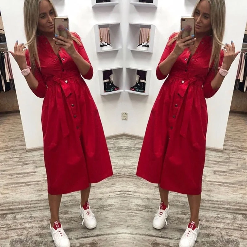 Women Casual Sashes a Line Party Dress Ladies Button Turn Down Collar OL Style Shirt Dress 2019 Summer Solid Knee Dress Tunics Lace romantic Women Casual Sashes a Line Party Dress Ladies Button Turn Down Collar OL Style Shirt Dress 2019 Summer Solid Knee Dress Tunics Lace romantic