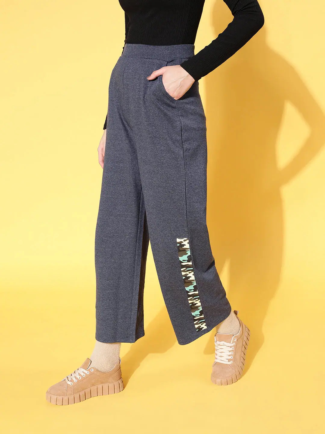 Women Blue Terry Camo Side Tape Track Pants Relaxed Linen Pants