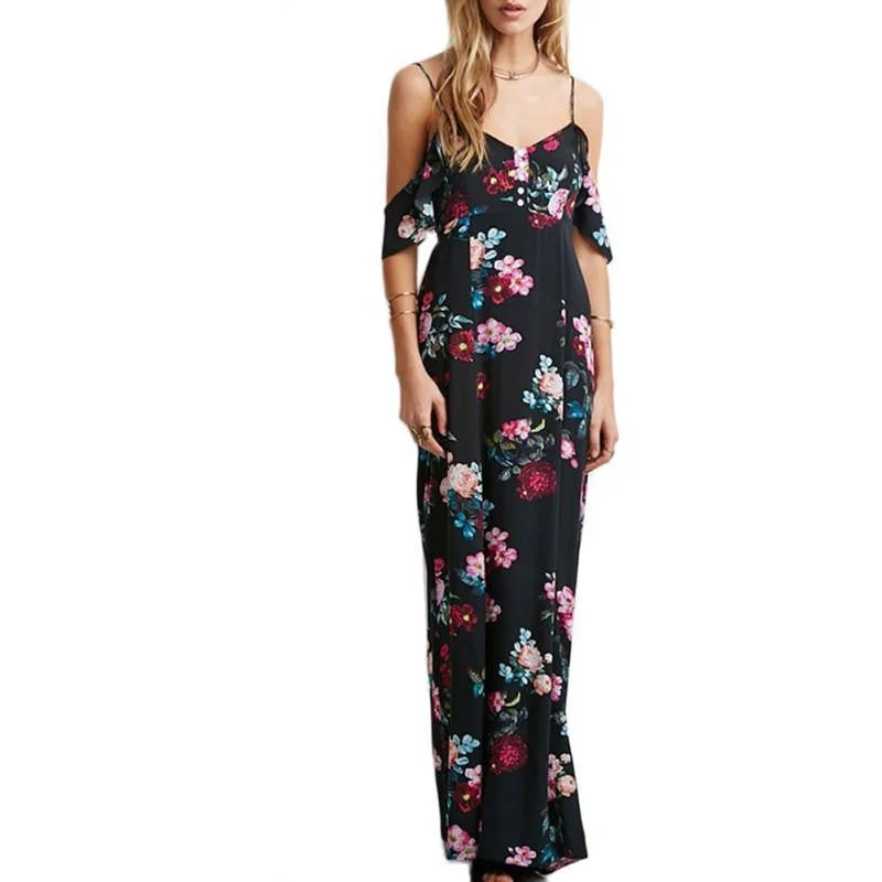 Women Off Shoulder Summer Dress Sleeveless Chiffon Maxi Dress Retro Floral Print Long Party Dress Crew Neckline Sporty
