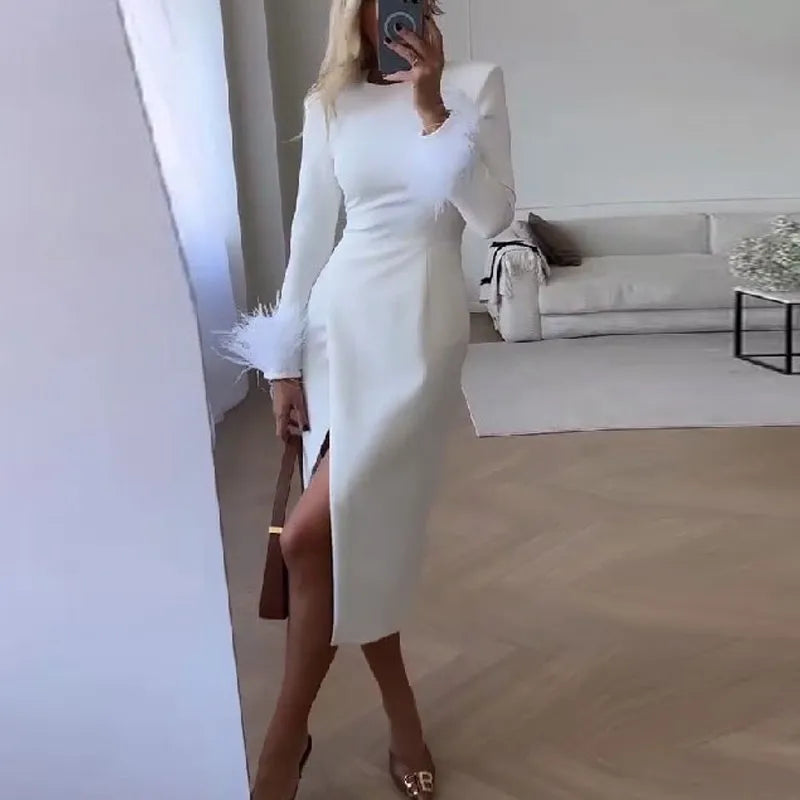 Advbridge Fashion Feather Patchwork Long Sleeve Dress Elegant O-neck Split Solid Midi Dress Women Casual Hight Waist Bodycon Party Dresses Tunics Mesh breathable Advbridge Fashion Feather Patchwork Long Sleeve Dress Elegant O-neck Split Solid Midi Dress Women Casual Hight Waist Bodycon Party Dresses Tunics Mesh breathable