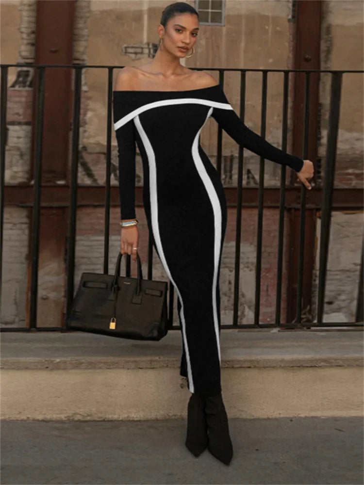 Advbridge Off-Shoulder Contrast High Waist Long Dress For Women Slim Casual Bandage Elegant Party Dress Female Y2k Maxi Dress 2024 Tunics Chic fashionable Advbridge Off-Shoulder Contrast High Waist Long Dress For Women Slim Casual Bandage Elegant Party Dress Female Y2k Maxi Dress 2024 Tunics Chic fashionable